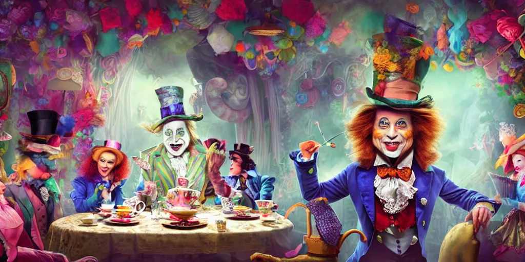 Image similar to The Mad Hatter teaparty, Alice in wonderland, colorful, wide angle, super highly detailed, professional digital painting, artstation, concept art, smooth, sharp focus, no blur, no dof, extreme illustration, Unreal Engine 5, Photorealism, HD quality, 8k resolution, cinema 4d, 3D, beautiful, cinematic, art by artgerm and greg rutkowski and alphonse mucha and loish and WLOP