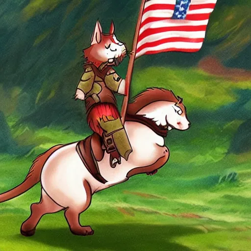 Image similar to a warrior cat carrying his battle flag while riding a large steed cat that is galloping into battle