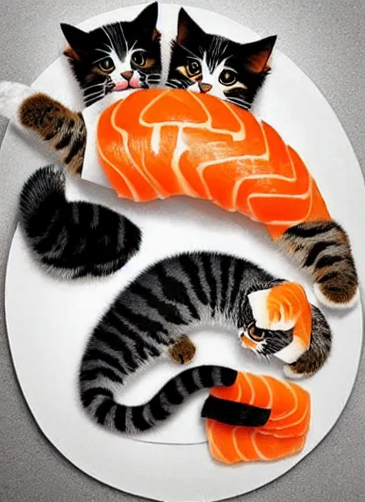 Image similar to clear photorealistic picture of adorable cats made out of sushi