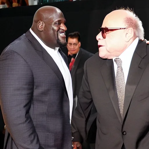 Image similar to A 5'5 Shaquille O'Neil next to a 7'2 Danny DeVito