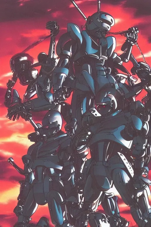 Image similar to boomers from bubblegum crisis at dusk, a color illustration by tsutomu nihei, katsuhiro otomo, masamune shirow