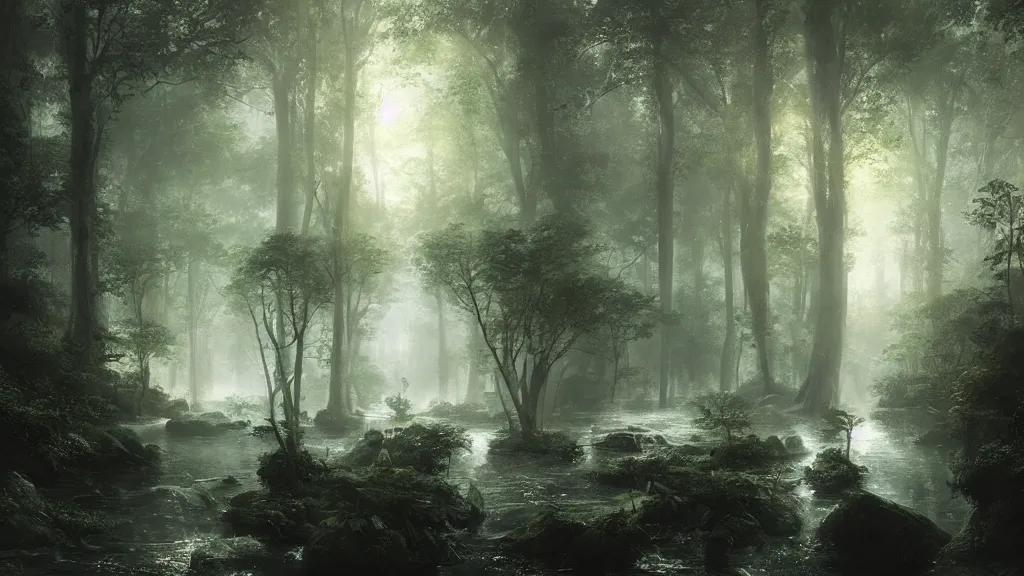 Prompt: a clearing with a deep pool of water, a sanctuary in the dark, dense forest. andreas achenbach, artgerm, mikko lagerstedt, zack snyder, tokujin yoshioka