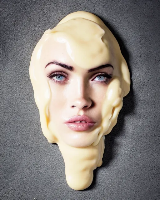 Image similar to mayonnaise in the shape of a human face, human face made out of mayonnaise, megan fox made out of mayonnaise!!!!!, professional food photography, unreal engine