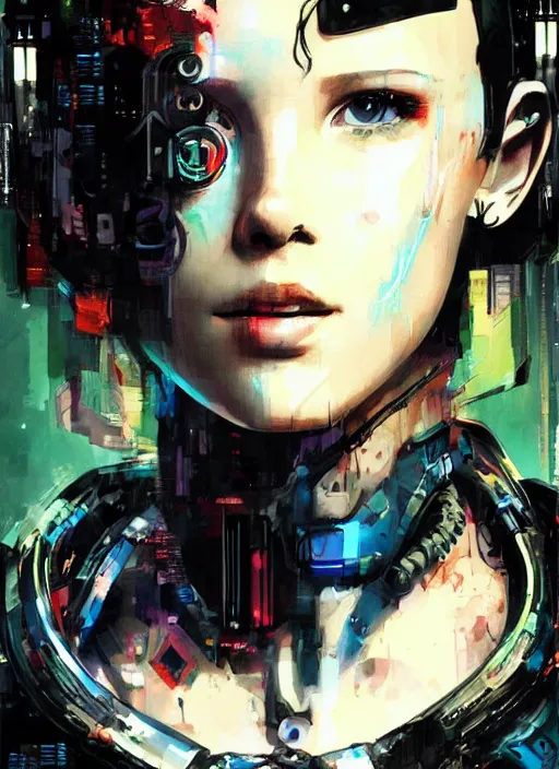 Image similar to Portrait of cyberpunk cyborg Millie Bobby Brown by Yoji Shinkawa