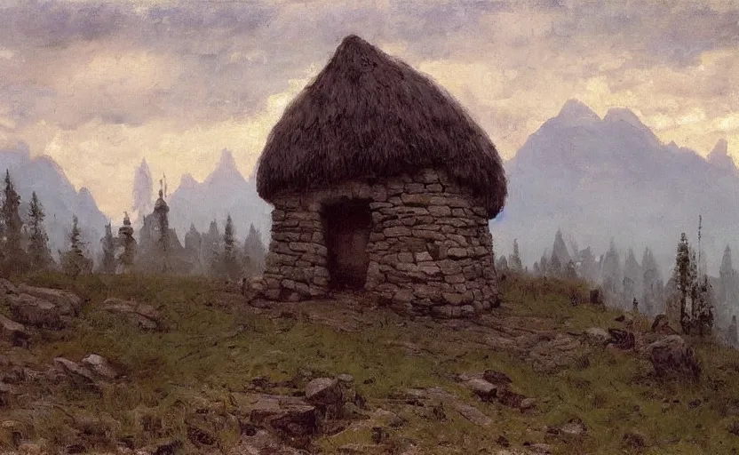 Prompt: Hagrid's hut made of stone, in landscape, early evening, mist, matte painting, dark forest on background, oil painting by Isaac Levitan and Vasily Perov