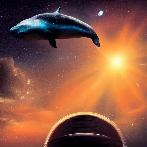 Image similar to portrait of space whale swimming on a dark night sky in space, flying across the universe, galaxies, oniric, dreamy, beautiful, highly detailed, realistic, cinematic, dynamic composition