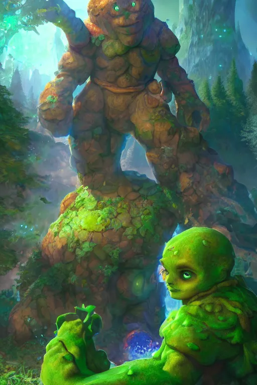 Image similar to arcane fantasy art giant golem elemental wood rock bastion forged gemstone enchanted forest troll, global illumination ray tracing hdr fanart arstation by sung choi and eric pfeiffer and gabriel garza and casper konefal lisa frank zbrush central hardmesh radiating a glowing aura