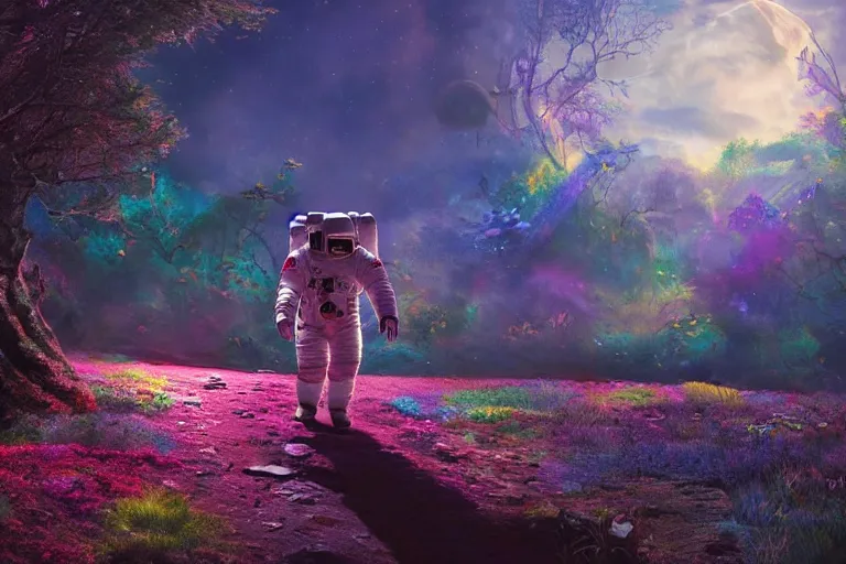 Prompt: Astronaut walking on a landscape of a beautiful enchanted fantasy world. Colorful. Cinematic lighting. Photorealism.