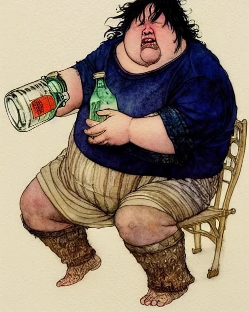 Prompt: a realistic and atmospheric watercolour fantasy character concept art portrait of a fat, chibi quigon jin drinking out of a bottle with pink eyes wearing a wife beater. by rebecca guay, michael kaluta, charles vess and jean moebius giraud