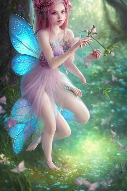 Image similar to a cute fairy in the dreamy forest, fantasy, 8 k resolution, hyper detailed, d & d, character design, digital painting, trending on artstation, sharp focus, illustration, art by artgerm, steve zheng, fuji choko, viktoria gavrilenko, hoang lap