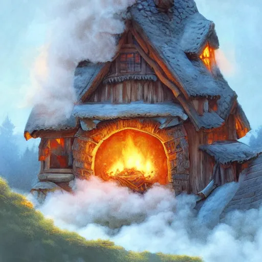 Image similar to a detailed illustration idyllic the house with smoke coming out of the chimney in the forest scene by Justin Gerard, trending on artstation, cgsociety, deviantart