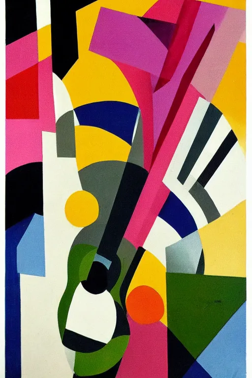 Prompt: guitar, notes, blend geometric architectures shapes, abstract expressionism, essence of street forms, geometric structures in style of sonia delaunay, high detail, symmetry, poster