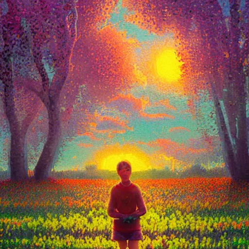 Image similar to face made of flowers, standing in a flower field, big trees, sunrise dramatic light, impressionist painting, colorful clouds, digital painting, pointillism, artstation, simon stalenhag