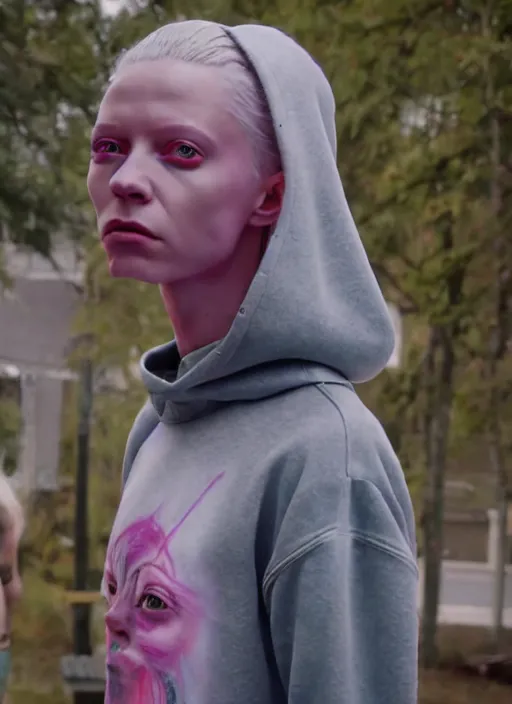 Prompt: still from music video of hunter schafer from die antwoord standing in a township street, wearing a hoodie, street clothes, full figure portrait painting by martine johanna, earl norem, wadim kashin, pastel color palette, 2 4 mm lens