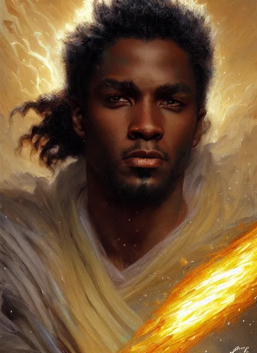 Prompt: young black man, god of lightning, flowing robes, powerful, smug expression, highly detailed painting by gaston bussiere, craig mullins, j. c. leyendecker 8 k, sparkling storm clouds