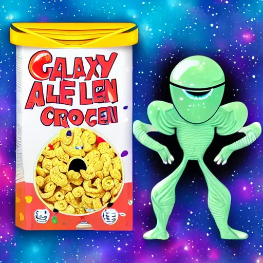 Prompt: a alien cereal box, alternate dimension, product photo, galaxy background