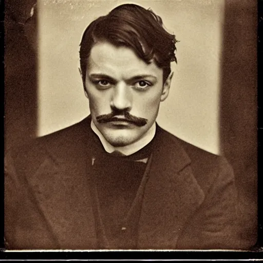 Image similar to headshot edwardian photograph of james mcavoy, sebastian stan, henry cavill, small moustache, 1 9 2 0 s film actor, suave, charming, realistic face, 1 9 1 0 s photography, 1 9 0 0 s, grainy, victorian, soft blur