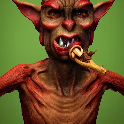 Image similar to Octane render, maya, zbrush, wacom, digital dark fantasy portrait of a wood goblin with shiny red goggles and a twig in his mouth, featured on DeviantArt.com