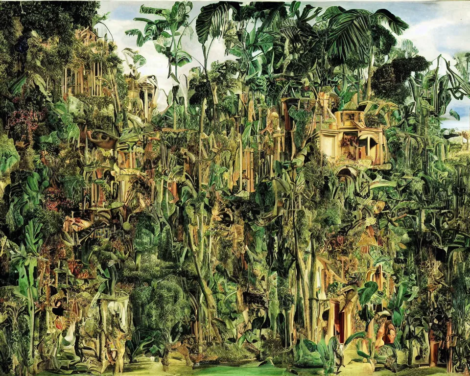 Prompt: repeating colonial mansions, overgrown with tropical foligage, by Salvador Dali and Jan Siberechts.