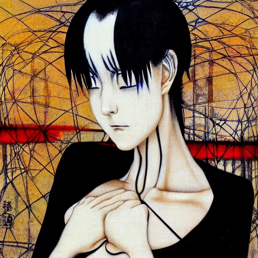 Image similar to yoshitaka amano blurred and dreamy realistic three quarter angle portrait of a woman with white hair and black eyes wearing dress suit with tie, junji ito abstract patterns in the background, satoshi kon anime, noisy film grain effect, highly detailed, renaissance oil painting, weird portrait angle, blurred lost edges