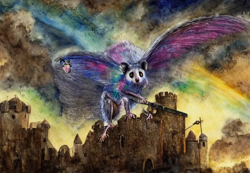 Image similar to legendary rainbow winged possum flying over a medieval castle at night under the dark starred sky, dark fantasy, watercolor, dreaming illusion, highly detailed, 4k, trending on Artstation