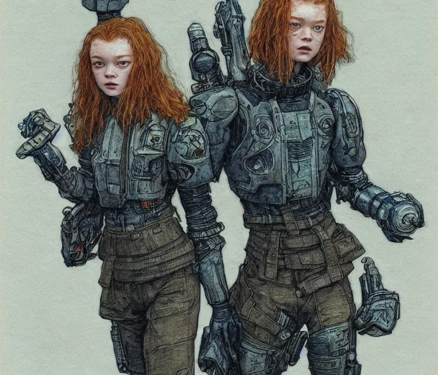Image similar to sadie sink dressed in oversized school uniform : costume concept for a scifi cyberpunk film. by greg staples and elsa beskow. sharp focus, cinematic atmosphere, detailed and intricate, perfect anatomy