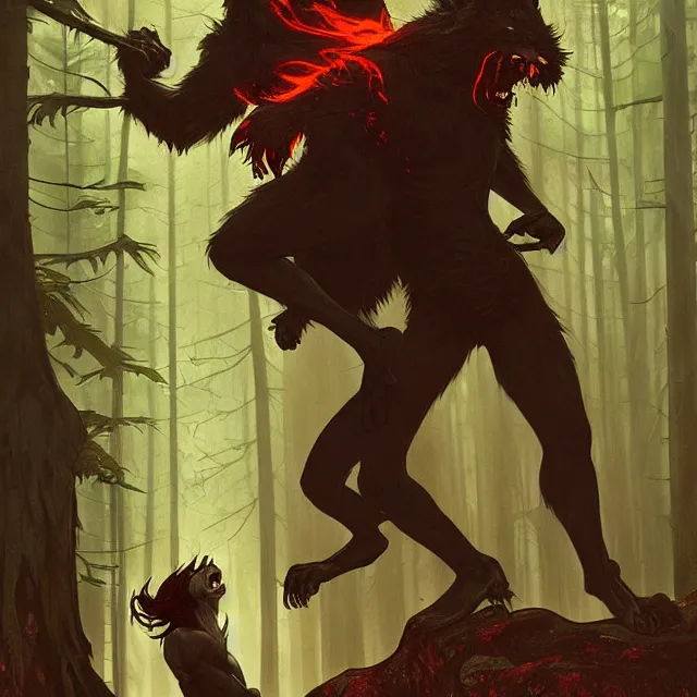 Image similar to a male werewolf with long claws fighting a young fit male vampire in a dark forest at night, by greg rutkowski and alphonse mucha, gradient brown to red, highly detailed, digital painting, artstation, concept art, smooth, sharp focus illustration