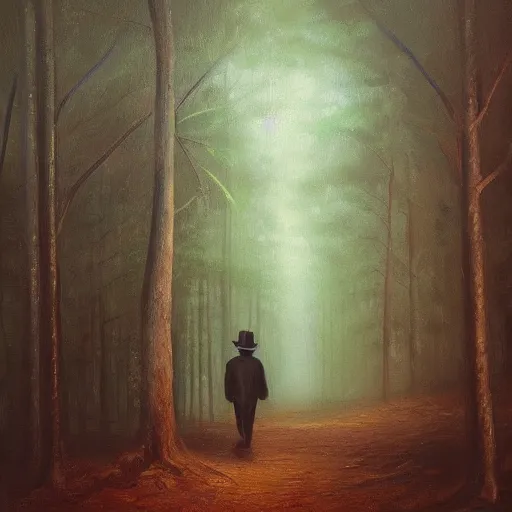 Image similar to “Oil painting of a mysterious man in a pointy hat walking through a detailed forest, ethereal lighting, 4k”