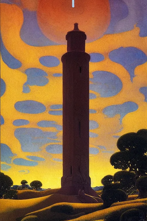 Image similar to glorious painted belltower of the sun and the lost stars, by Sylvain Sarrailh and Nicholas Roerich and jean delville and Maxfield Parrish, dramatic cinematic lighting , beautiful garden, ornate architecture, smooth, sharp focus, extremely detailed