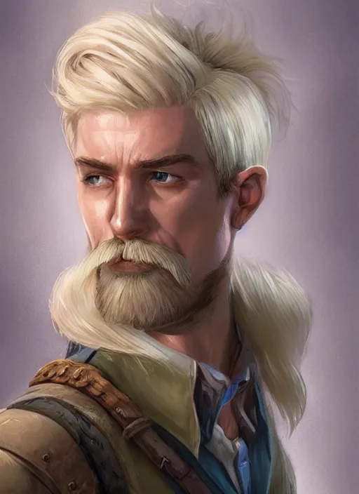 Image similar to young man with short light blonde combover hair and moustache, dndbeyond, bright, colourful, realistic, dnd character portrait, full body, pathfinder, pinterest, art by ralph horsley, dnd, rpg, lotr game design fanart by concept art, behance hd, artstation, deviantart, hdr render in unreal engine 5