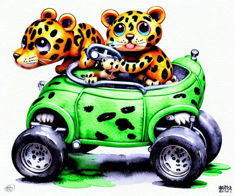 Image similar to cute and funny, baby leopard riding in a tiny go kart with oversized engine, ratfink style by ed roth, centered award winning watercolor pen illustration, isometric illustration by chihiro iwasaki, edited by range murata, tiny details by artgerm and watercolor girl, symmetrically isometrically centered