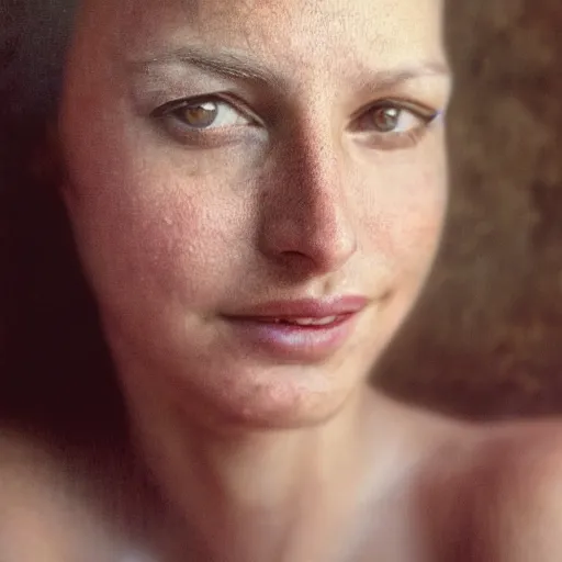 Image similar to Extremely detailed photo realistic portrait of a beautiful woman, face center close-up, photography by Annie Leibovitz and Steve McCurry, text, watermark, unrealistic, toy, cartoon