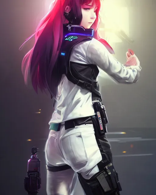 Image similar to anime key visual of a young female police officer, neon, cyberpunk, futuristic, white clothing, black vest, stunning, highly detailed, digital painting, artstation, smooth, soft focus, illustration, art by artgerm and greg rutkowski and alphonse mucha