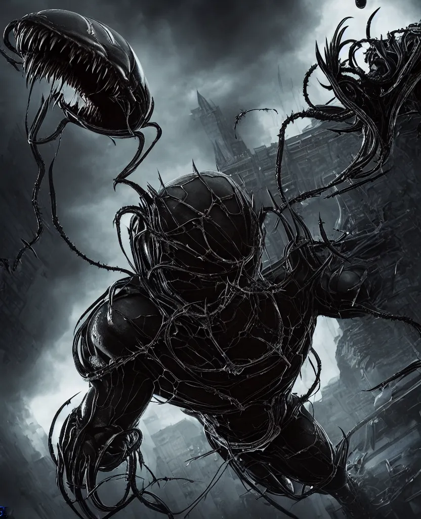 Image similar to A Minion from Despicable Me cast as Venom, still from marvel movie, hyperrealistic, 8k, Octane Render, dark colors, sinister atmosphere, dramatic lighting, cinematic, establishing shot, extremely high detail, photo realistic, cinematic lighting, pen and ink, intricate line drawings, by Yoshitaka Amano, Ruan Jia, Kentaro Miura, Artgerm, post processed, concept art, artstation, matte painting, style by eddie mendoza, raphael lacoste, alex ross