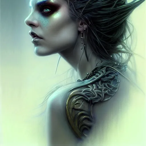 Prompt: portrait of a faerie queen grim dark, dark, piercing eyes, exotic expression, esoteric clothing, photorealistic, highly detailed, mysterious lighting, artstation, smooth, sharp focus, art by michael whelan, artgerm, greg rutkowski and luis royo