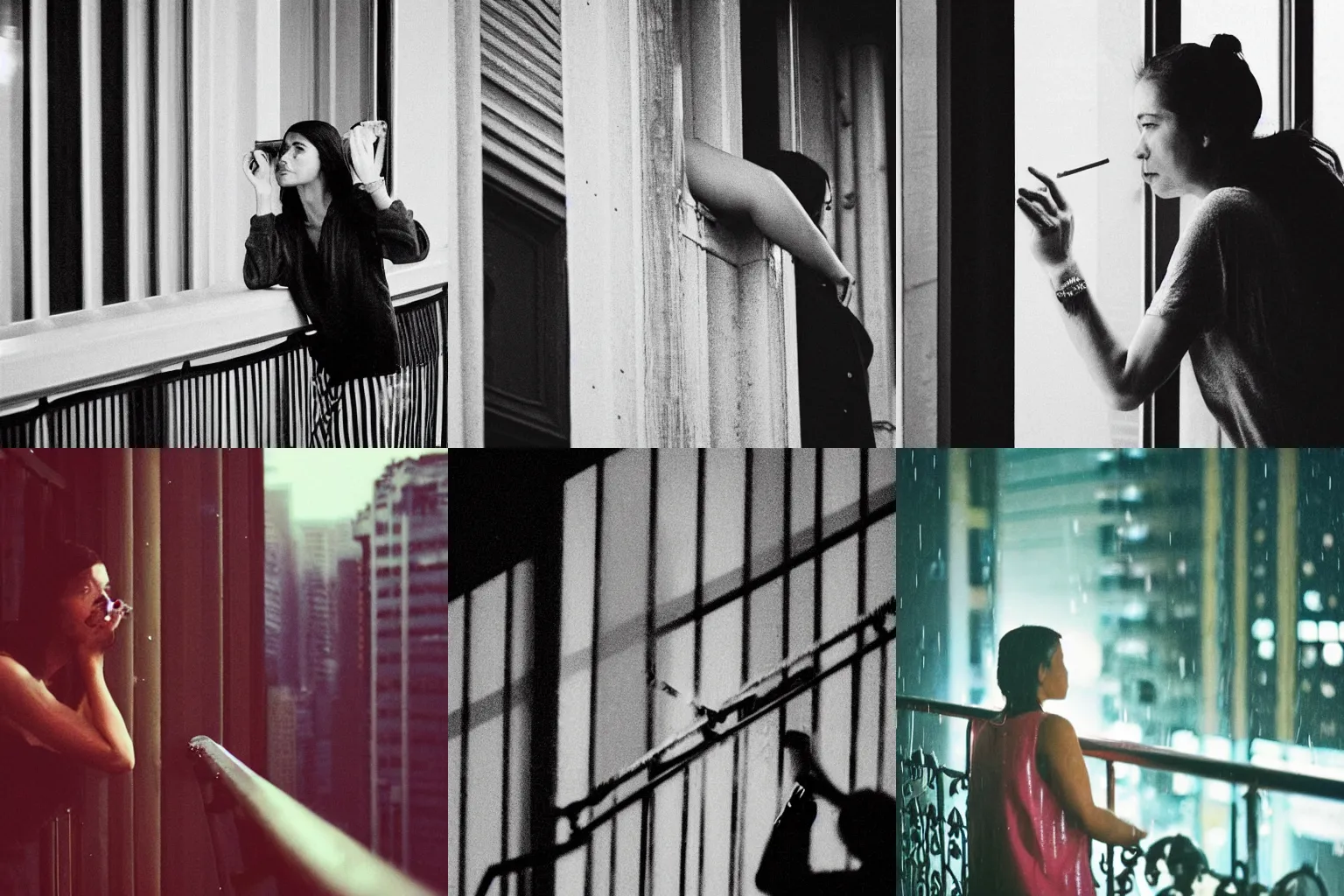 Prompt: side view of a woman leaning on a twentieth-story balcony railing in light rain at night, propping her chin on her hand, tired expression, squinting, smoking a cigarette, looking out at a cyberpunk city at night in the rain, candid photo, 200mm lens, kodak portra 160, 8k, trending on instagram