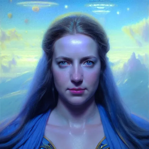 Image similar to ( ( ( ( ( hyperrealist distant portrait of jaina proudmoore on a blue planet where it rains colors. ) ) ) ) ) by donato giancola, fantasy, photorealistic, octane render, unreal engine, dynamic lighting, trending on artstation, poster, volumetric lighting, very detailed faces, 4 k, award winning