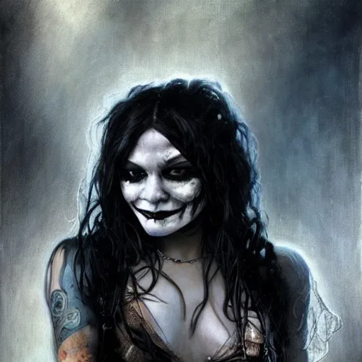 Image similar to beautiful portrait of vanessa hudgens as death from sandman, smiling, by cedric peyravernay, alphonse mucha, by jeremy mann, by lecouffe deharme, goth chic, soft lightning, eyeliner, punk rock, high detailed, 8 k