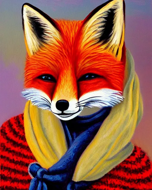 Image similar to oil painting portrait of anthropomorphic female fox animal dressed in sweater and scarf, fox animal, hollywood sign in background, oil painting,