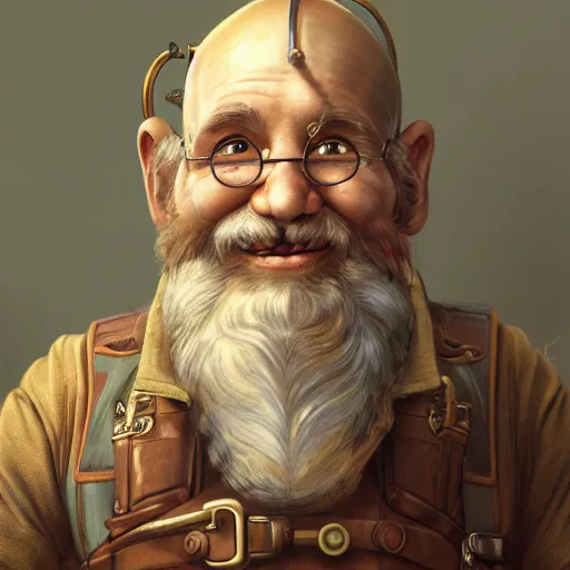 Image similar to vintage portrait of a smiling steampunk male gnome with big nose, highly detailed, digital painting, art by Stanley Lau and Artgerm and magali villeneuve and Alphonse Mucha, artstation, octane render, cgsociety, 1800, vintage photo