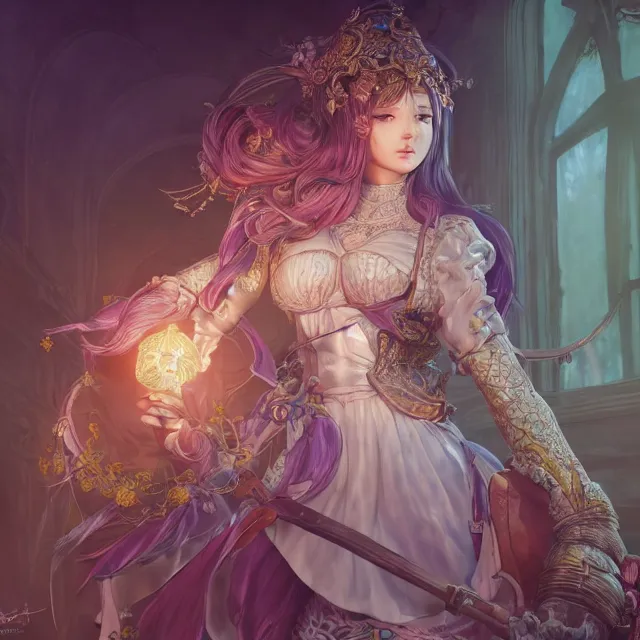 Image similar to studio portrait of neutral good colorful female cleric bard healer as absurdly beautiful, gorgeous, elegant, young gravure idol, an ultrafine hyperdetailed illustration by kim jung gi, irakli nadar, intricate linework, sharp focus, bright colors, octopath traveler, final fantasy, unreal engine 5 highly rendered, global illumination, radiant light, detailed and intricate environment