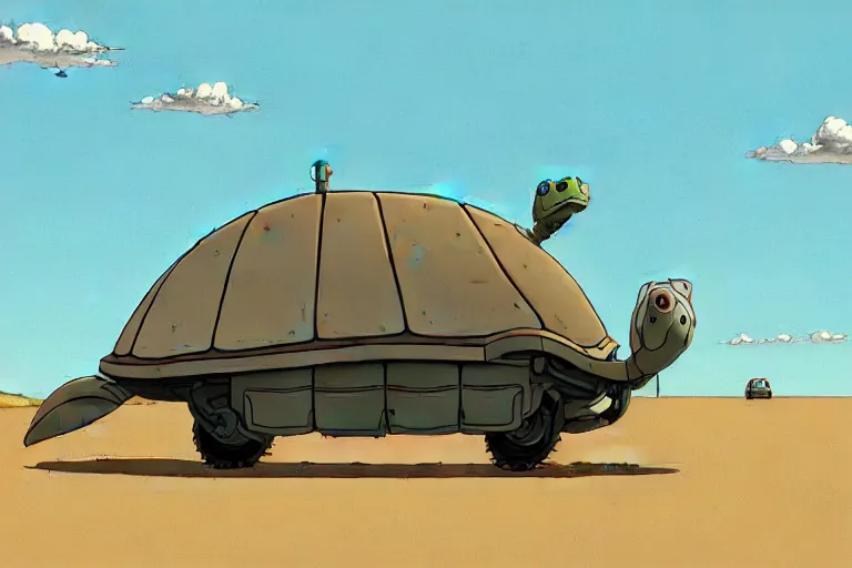 Image similar to a study of cell shaded cartoon of a grey mechanized tortoise from howl's moving castle ( 2 0 0 4 ) on a desert road, full body, wide shot, very muted colors, post grunge, studio ghibli, laurie greasley, highly detailed, deviantart, art by artgem