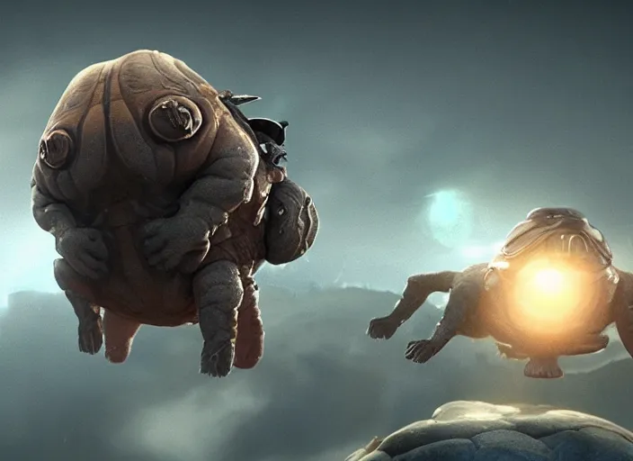 Prompt: A man riding a giant tardigrade to freedom, Unreal Engine, cinematic, dramatic