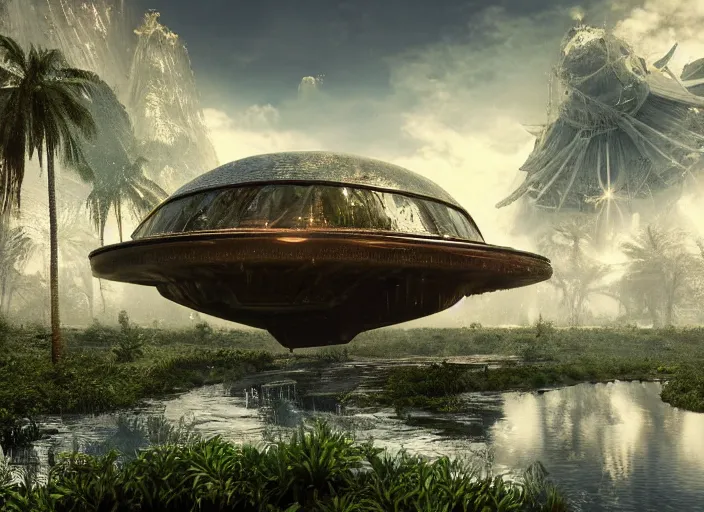 Prompt: abandoned giant ufo on a humongous paradise biome, fantasy, ornate, hyper realism, wet reflections, intricate, digital art, detailed, studio shot, unreal engine 5, octane, high definition, smooth, artstation, behance