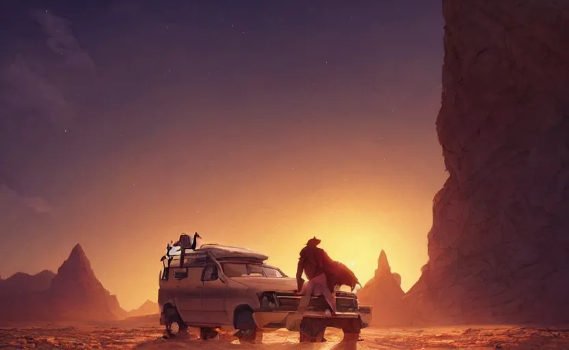 Prompt: a scene of a camper in the desert, a cowboy in the foreground looking epic, full shot, atmospheric lighting, detailed faces, by makoto shinkai, stanley artgerm lau, wlop, rossdraws