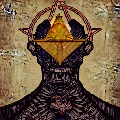 Image similar to portre of an autistic demon on acid, masonic and kabalistic symbols in background, digital art, 8k, delicate details