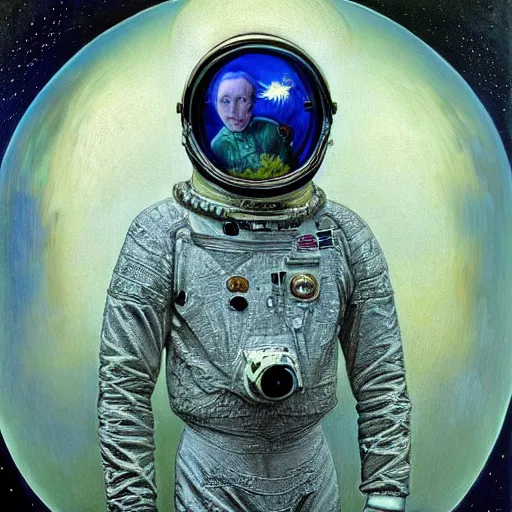 Prompt: realistic extremely detailed photo style portrait painting of an average astronaut suit with exposed diamond 3d fractal lace iridescent bubble 3d skin clear brain , retro futuristic ,water , style hybrid mix of beeple,Anton Pieck,Jean Delville, Amano,Yves Tanguy, Alphonse Mucha, Ernst Haeckel, Edward Robert Hughes,Stanisław Szukalski and Roger Dean, rich moody colors,diamond dust glitter and sparkles, holographic krypton ion,blue eyes,octane render,4k,f32