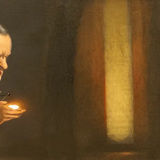 Prompt: Back-view, long shot, photorealistic painting of Louis Pasteur with a torch in a dark forest