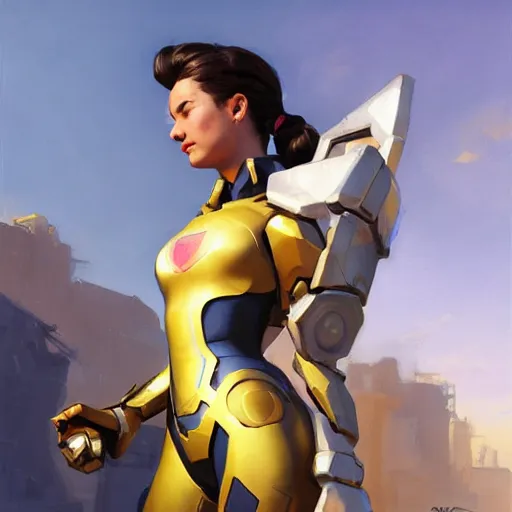 Image similar to greg manchess portrait painting of a female ironman as overwatch character, medium shot, asymmetrical, profile picture, organic painting, sunny day, matte painting, bold shapes, hard edges, street art, trending on artstation, by huang guangjian, gil elvgren, ruan jia, greg rutkowski, gaston bussiere