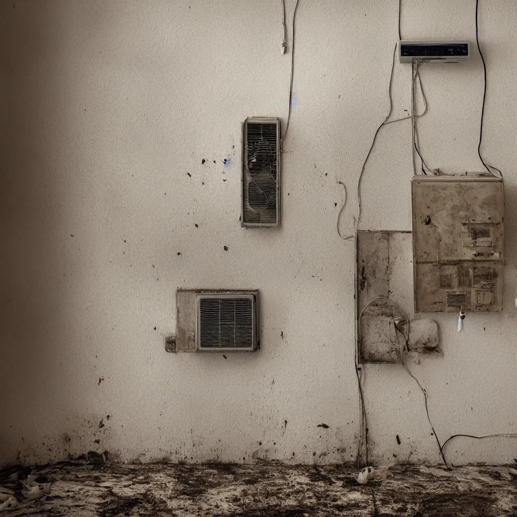 Image similar to an air conditioner above a window in a teenager's room flooding dirty water, blurred, faded, depth of field, sunny, ultra realistic, very detailed, by nadav kander, 8 k hyper realistic detailed cinematic still